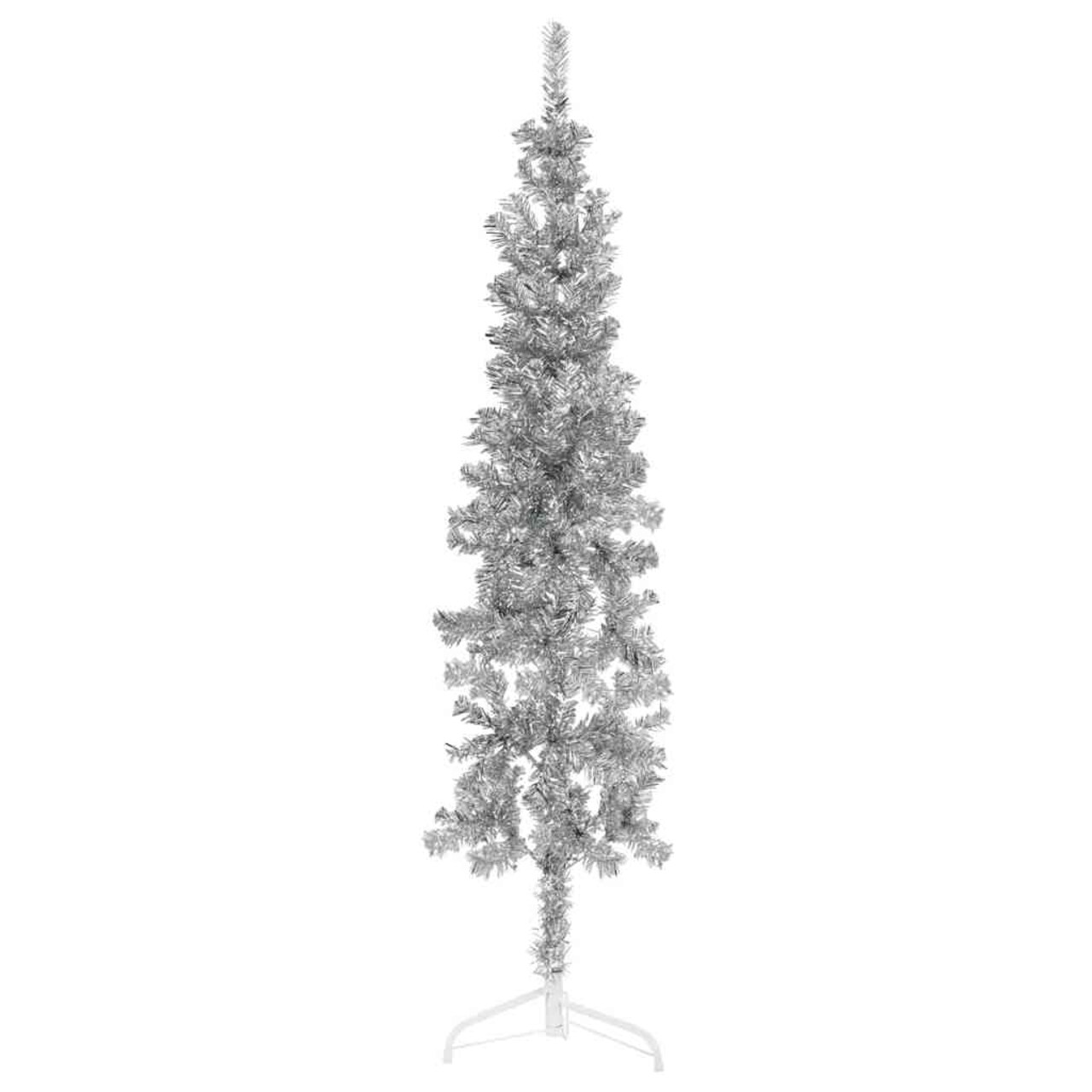vidaXL Slim Artificial Half Christmas Tree Silver PVC, Steel Slim